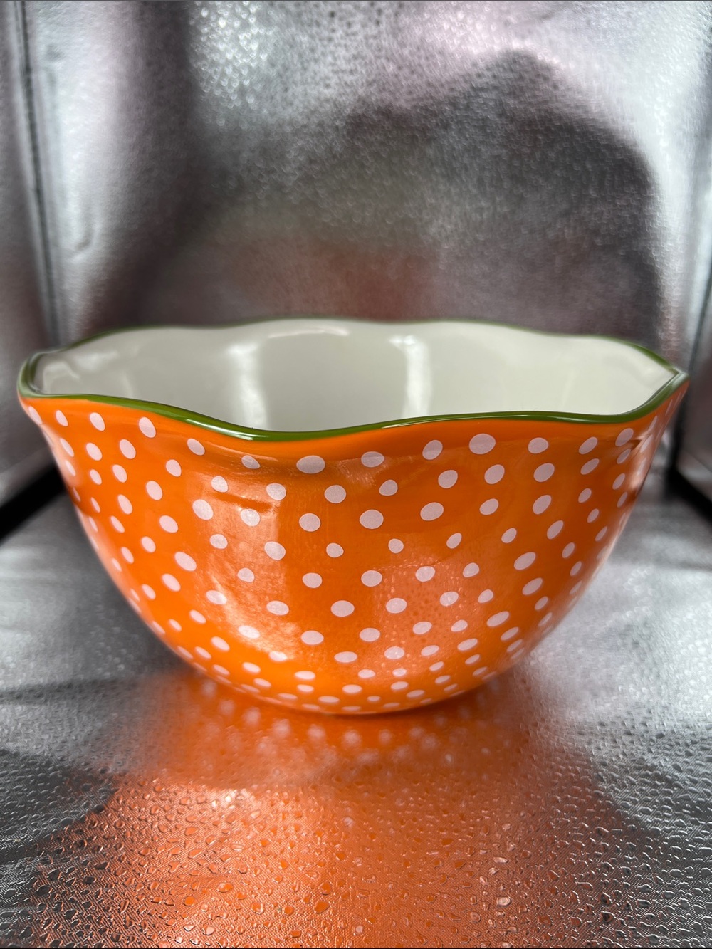 The Pioneer Woman Orange Polka Dot Ceramic Serving Bowl with Green Rim